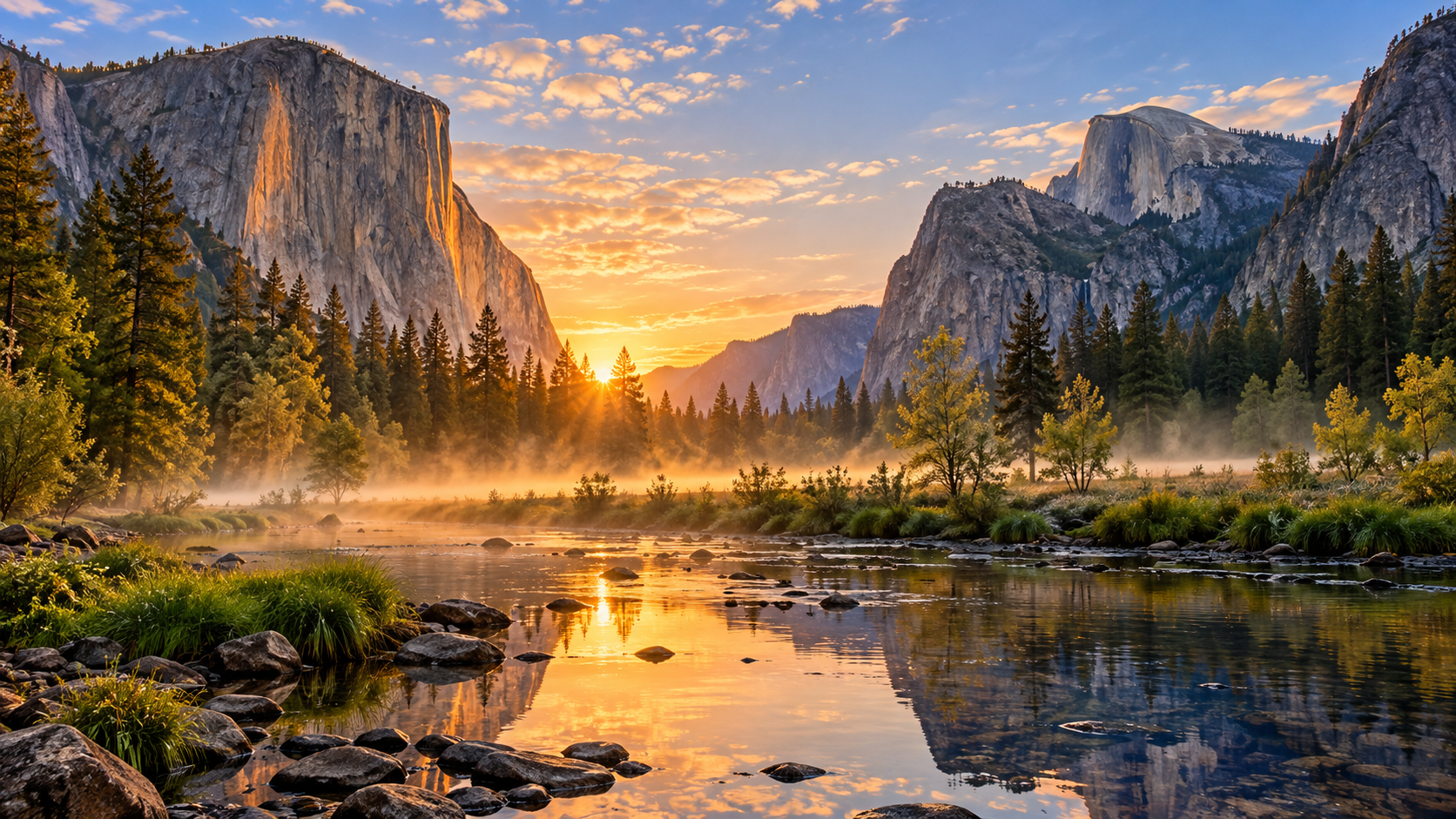 Yosemite Valley at sunrise with granite cliffs, pine forest and a reflective river