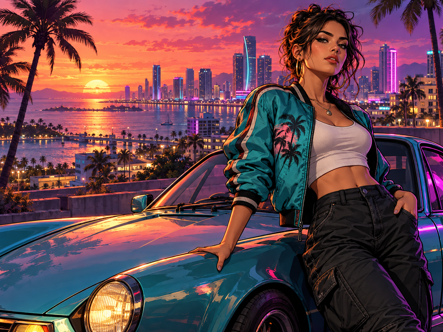 Original cel-shaded street racer in a fictional neon coastal city