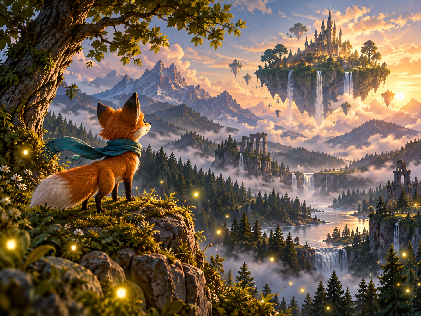 Storybook fox looking at a floating island above a misty forest