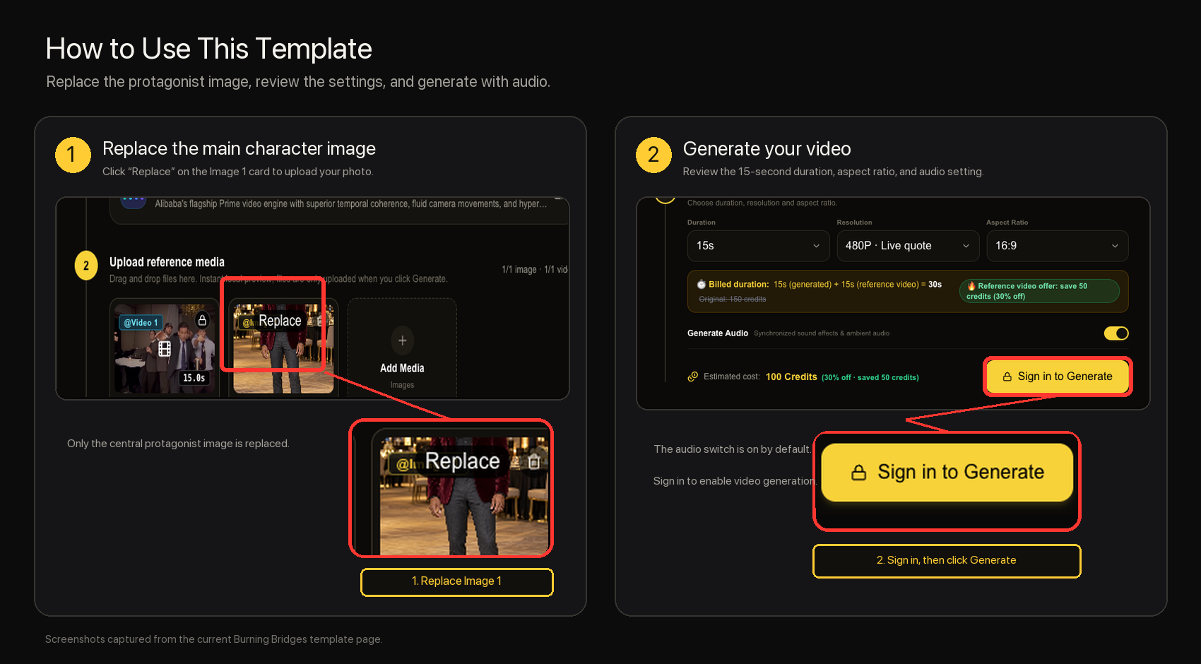 Burning Bridges template guide: replace the protagonist photo, then sign in and generate.